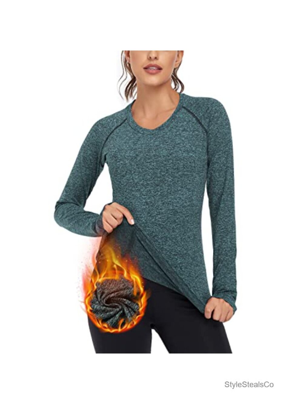 Women's Thermal Fleece Long Sleeve V Neck Running Shirt with Thumbholes